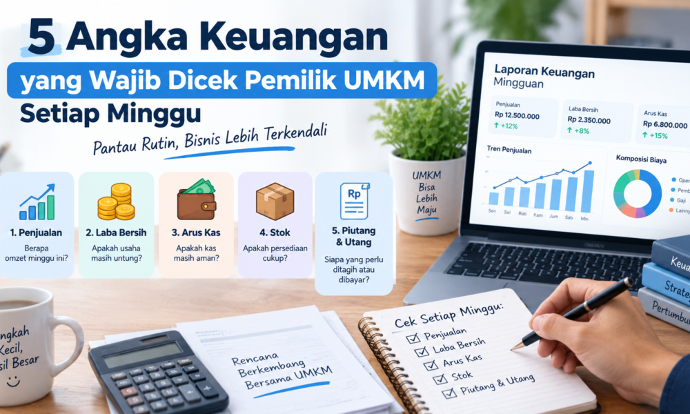 Ilustrasi lima angka keuangan mingguan UMKM: penjualan, laba bersih, arus kas, stok, serta piutang dan utang