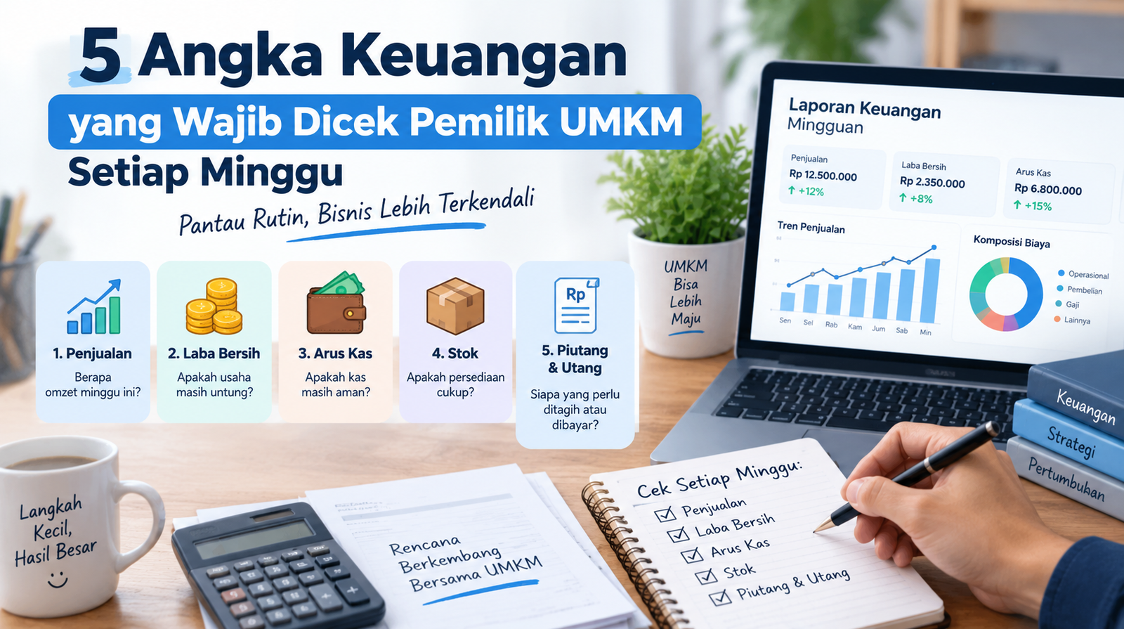 Ilustrasi lima angka keuangan mingguan UMKM: penjualan, laba bersih, arus kas, stok, serta piutang dan utang